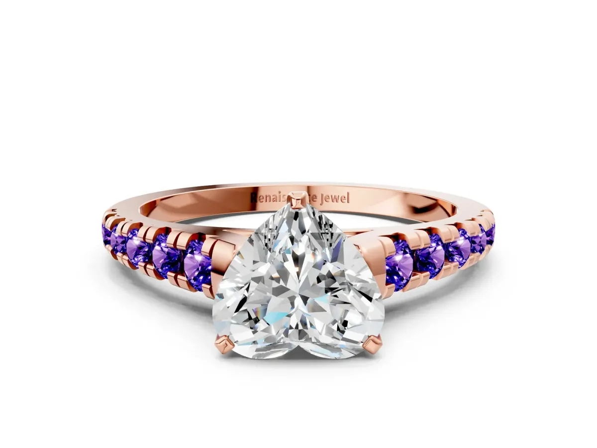 Heart Cut Diamond Cathedral Solitaire Ring with Round Tanzanite Pavé Band Rose gold