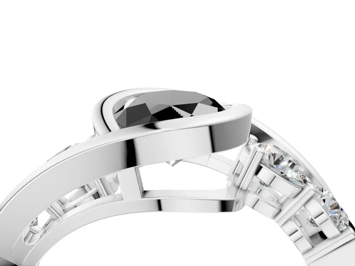 Fancy Black Bezel Set Oval Cut Diamond Bypass Ring with Round Accents Silver