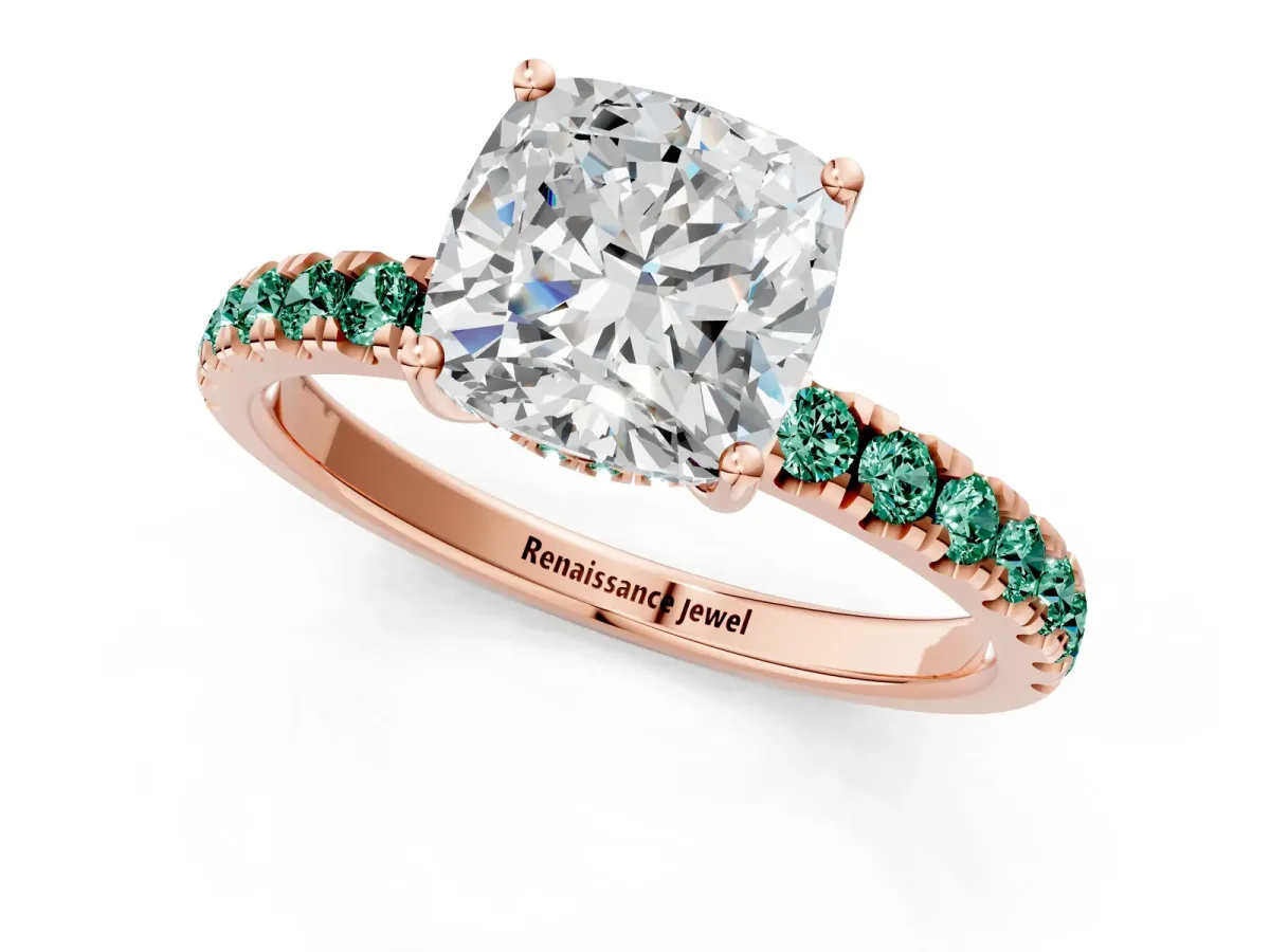 Cushion Cut Diamond Pave Band Solitaire Ring with Round Green Sapphire and Prong Setting Rose gold
