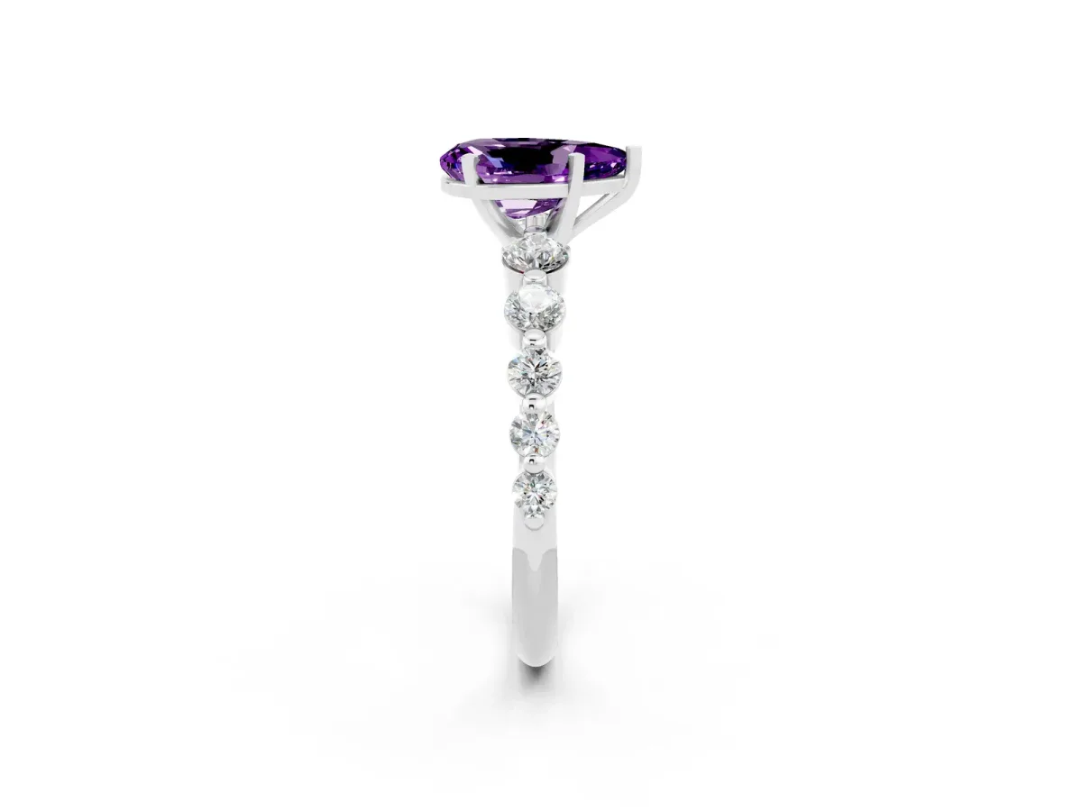 Pear Cut Solitaire Amethyst Ring with Pave Band and Four-Prong Setting White gold