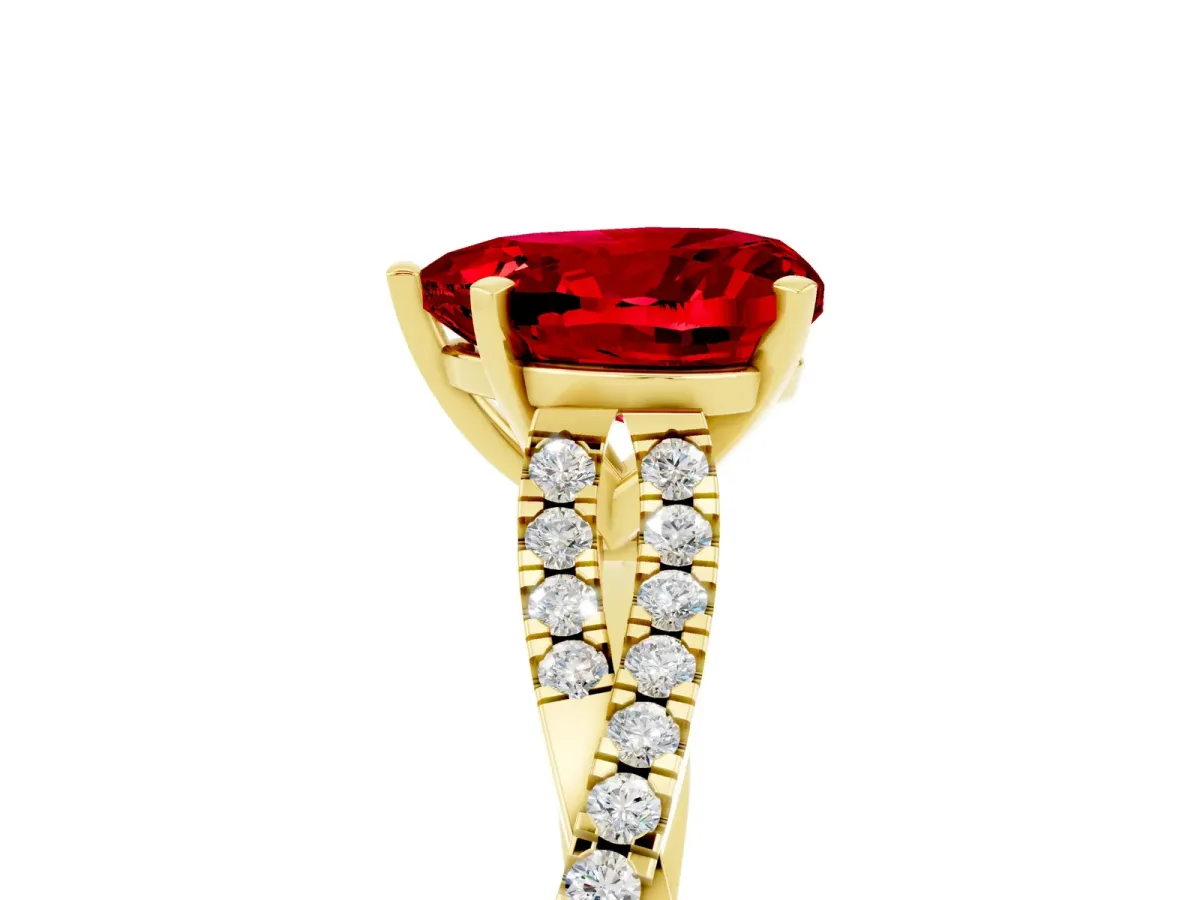 Heart Cut Ruby Solitaire Engagement Ring with Twisted Pavé Band and Four-Prong Setting Yellow gold
