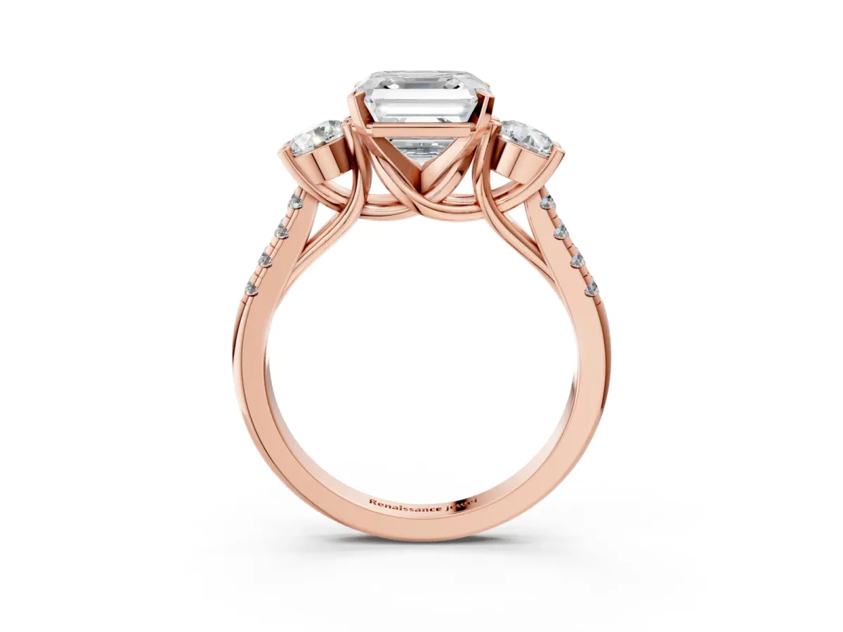 Three-Stone Asscher Cut Diamond Pavé Band with Four-Prong Setting Rose gold