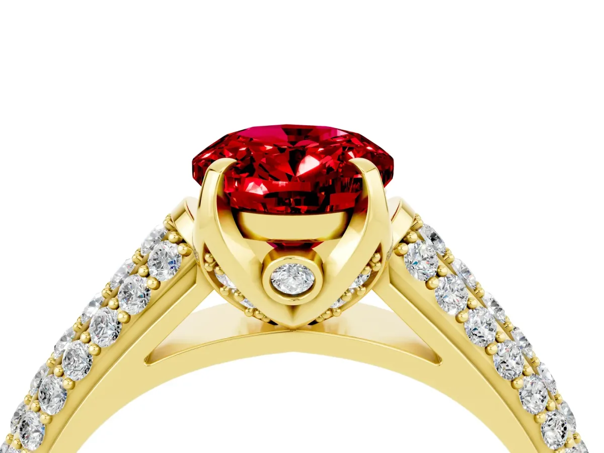 Oval Cut Ruby Solitaire Ring with Three-Row Pavé Band and Four-Prong Setting Yellow gold