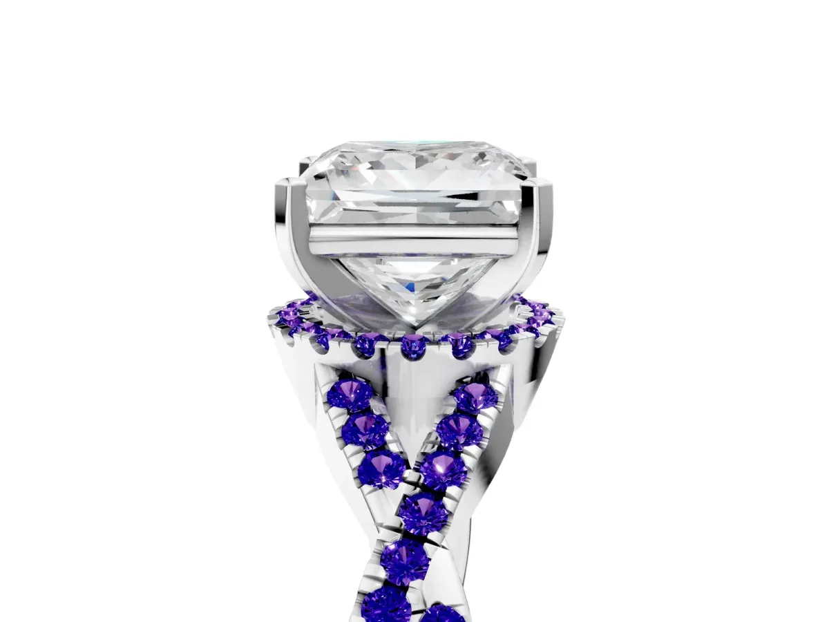 Princess Cut Diamond Tanzanite Halo Twist Band Solitaire Prong Setting Ring White gold