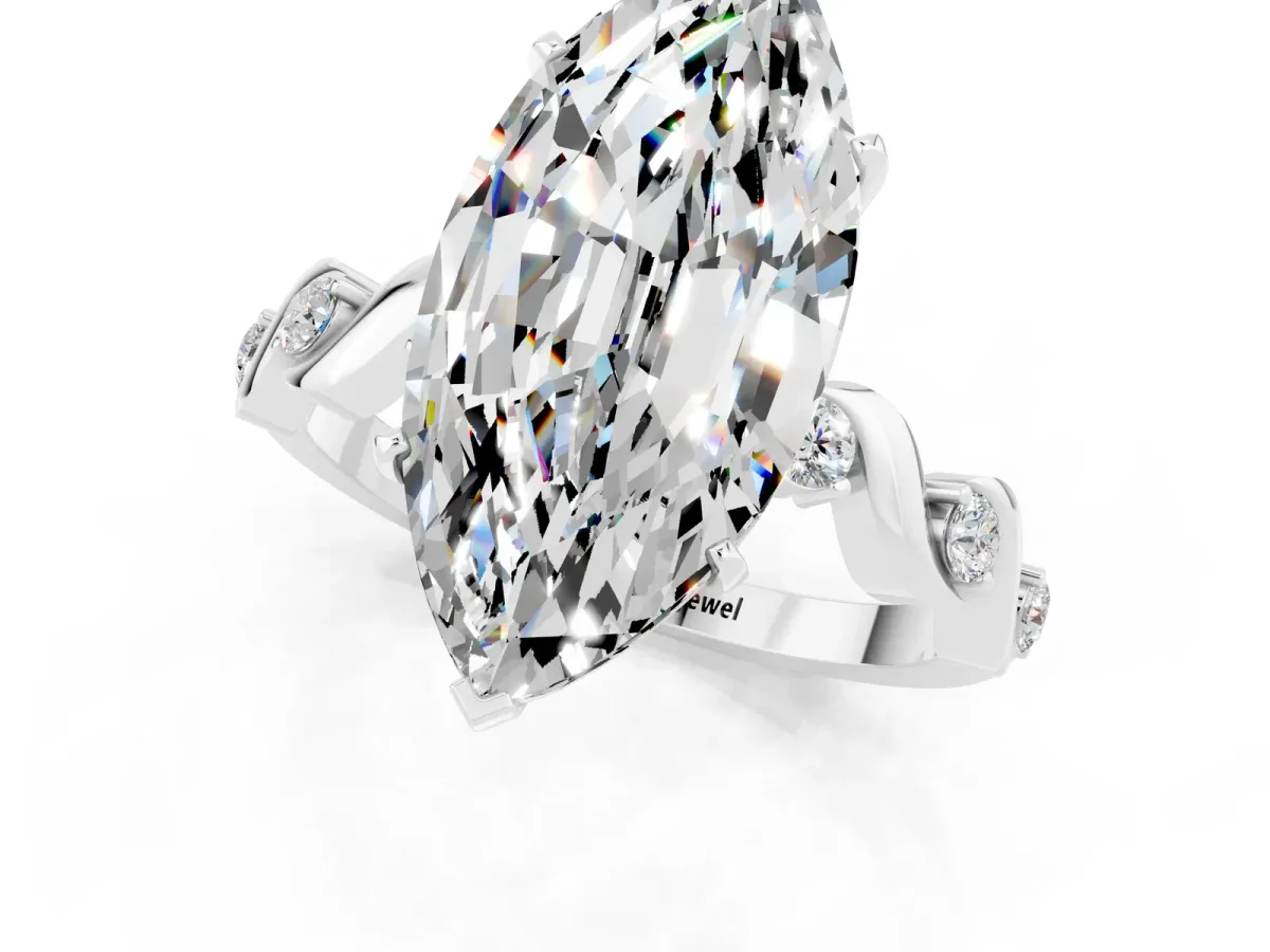 Marquise Cut Moissanite Solitaire Twisted Band with Round Accents and Prong Setting White gold