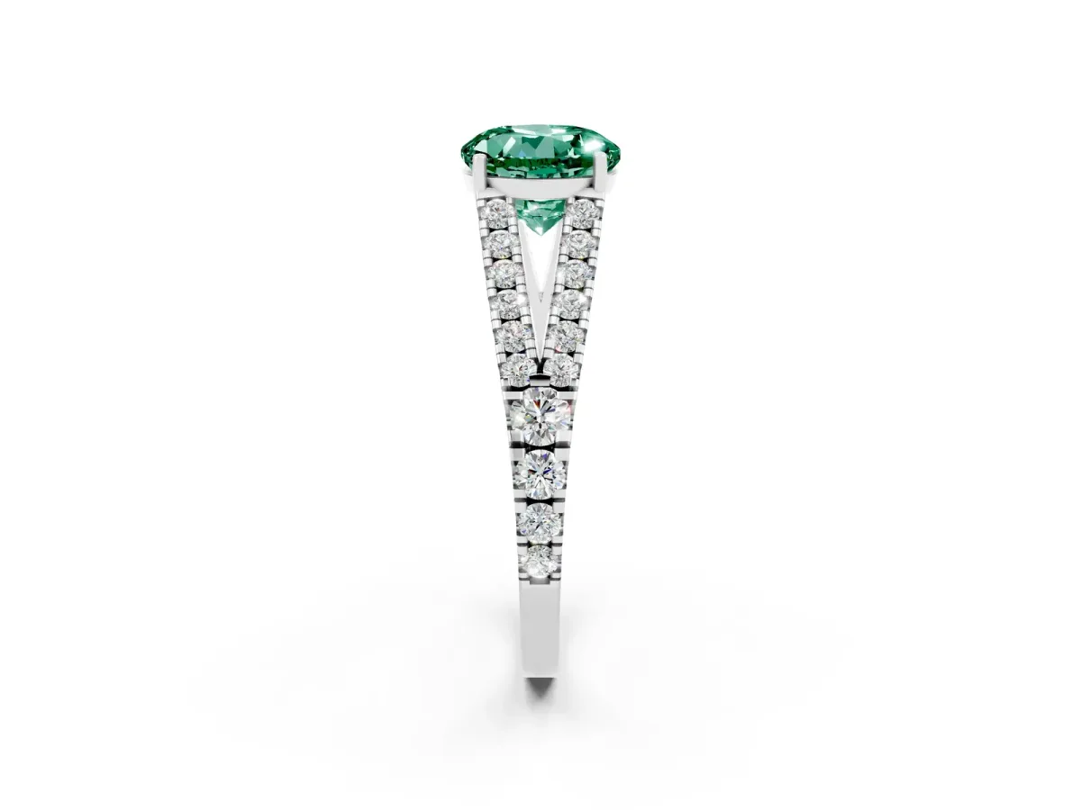 Round Cut Green Sapphire Split Shank Engagement Ring with Round Pavé and Prong Setting Platinum
