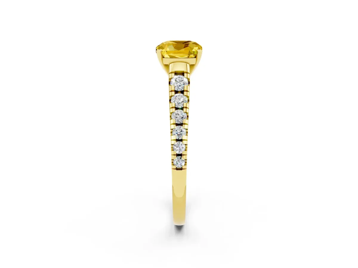 Cushion Cut Yellow Sapphire Cathedral Solitaire Ring with Round Pavé Band Yellow gold