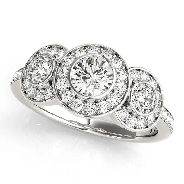 Three-Stone Asscher Cut Halo Pavé Diamond Ring Platinum