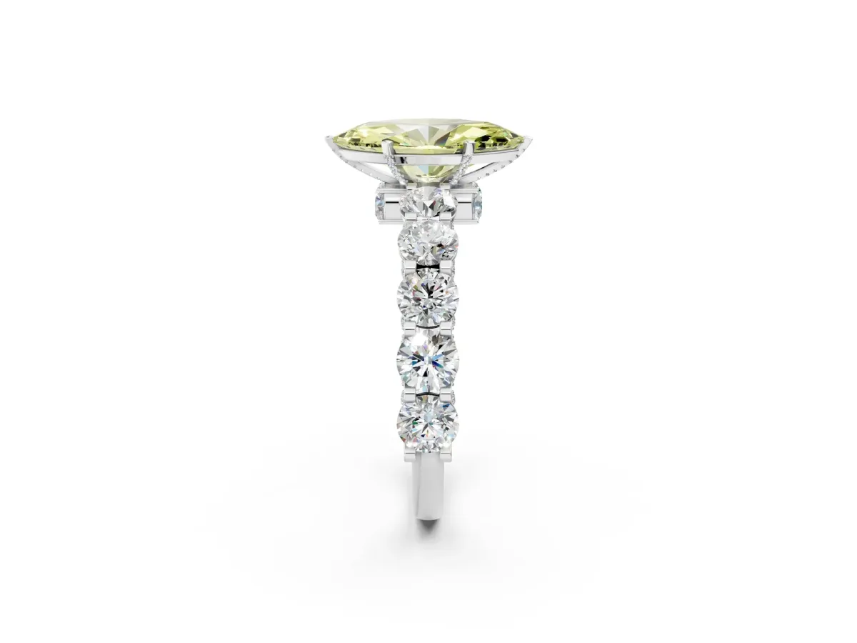 Fancy Yellow Marquise Cut Diamond Side Stone Engagement Ring with Four-Prong Setting Platinum