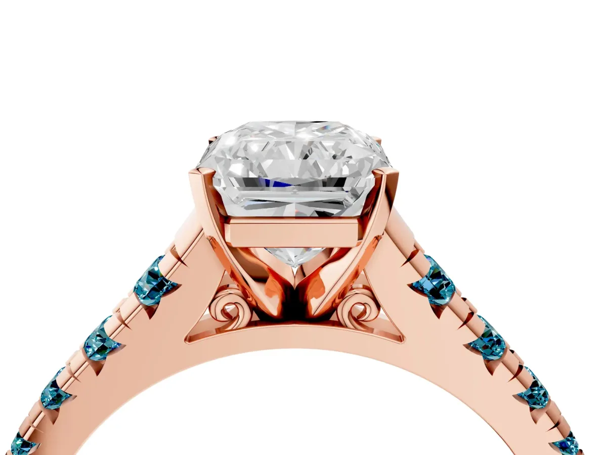 Radiant Cut Diamond Cathedral Solitaire Ring with Round Blue Topaz Pavé Band Rose gold