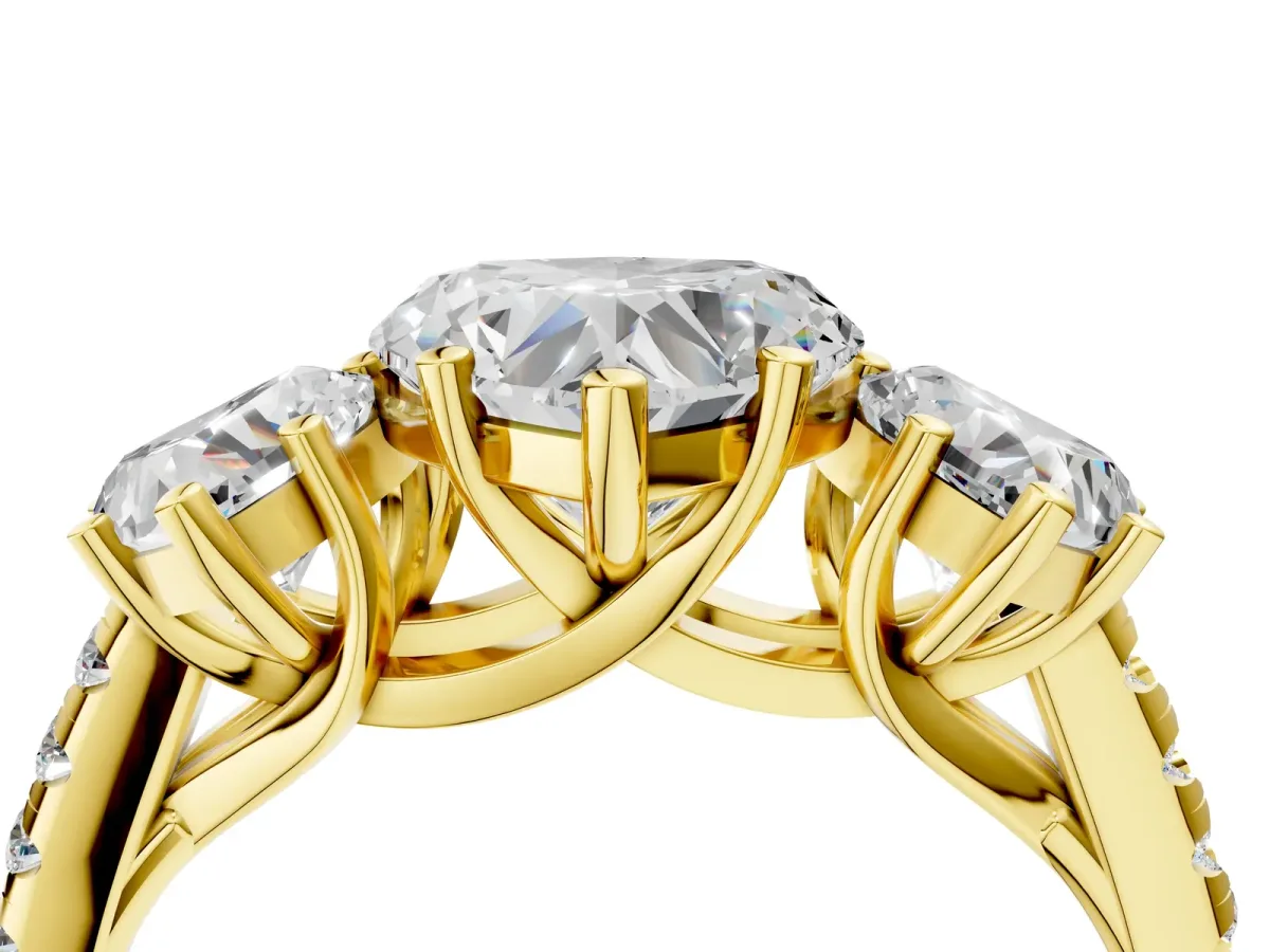 Three-Stone Heart Cut Diamond Ring with Round Moissanite Pavé Band and Prong Setting Yellow gold