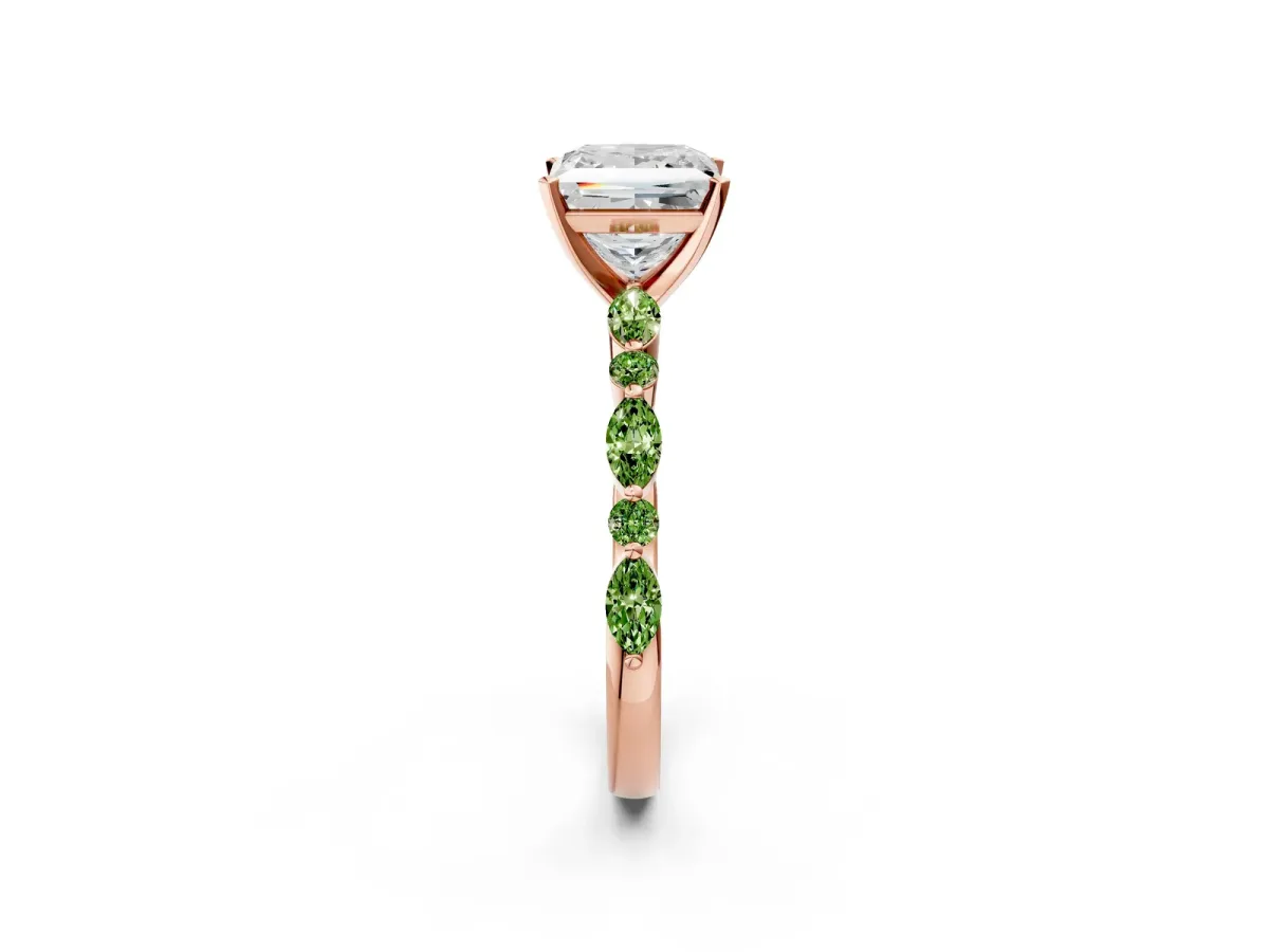 Princess Cut Diamond Ring with Marquise and Round Peridot Side Stones and Four-Prong Setting Rose gold