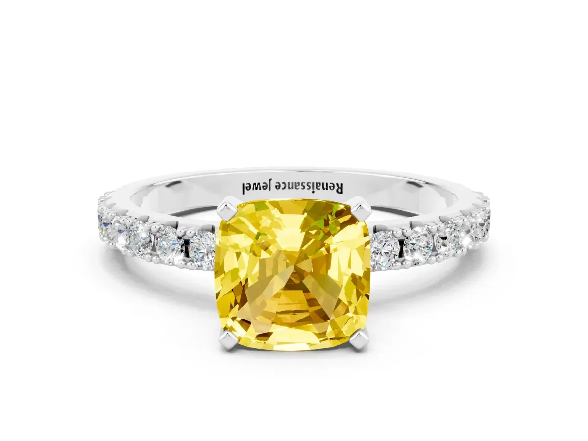 Cushion Cut Yellow Sapphire Solitaire Pavé Band with Four-Prong Setting Silver