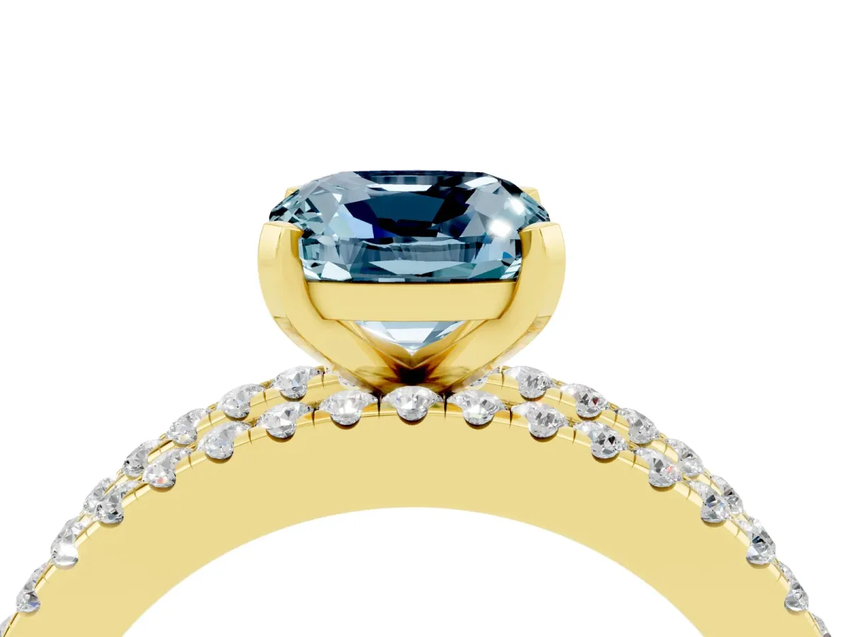 Cushion Cut Aquamarine Solitaire Ring with Pavé and Channel Set Band Yellow gold
