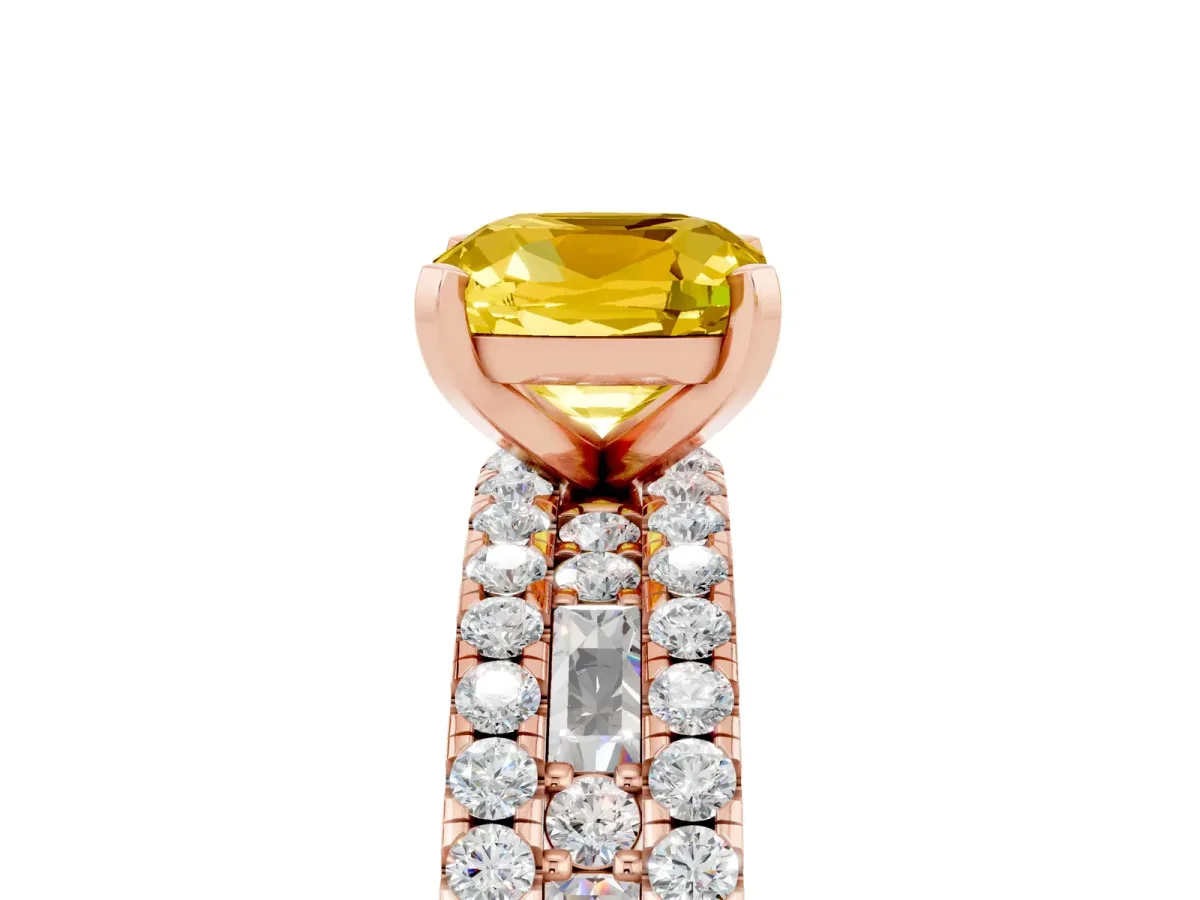 Cushion Cut Yellow Sapphire Solitaire Ring with Pavé and Channel Set Band Rose gold