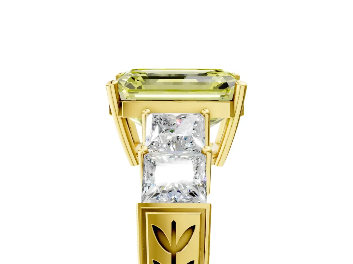 Fancy Yellow Emerald Cut Solitaire Princess Side Stone Engraved Band Prong Setting Ring Yellow gold