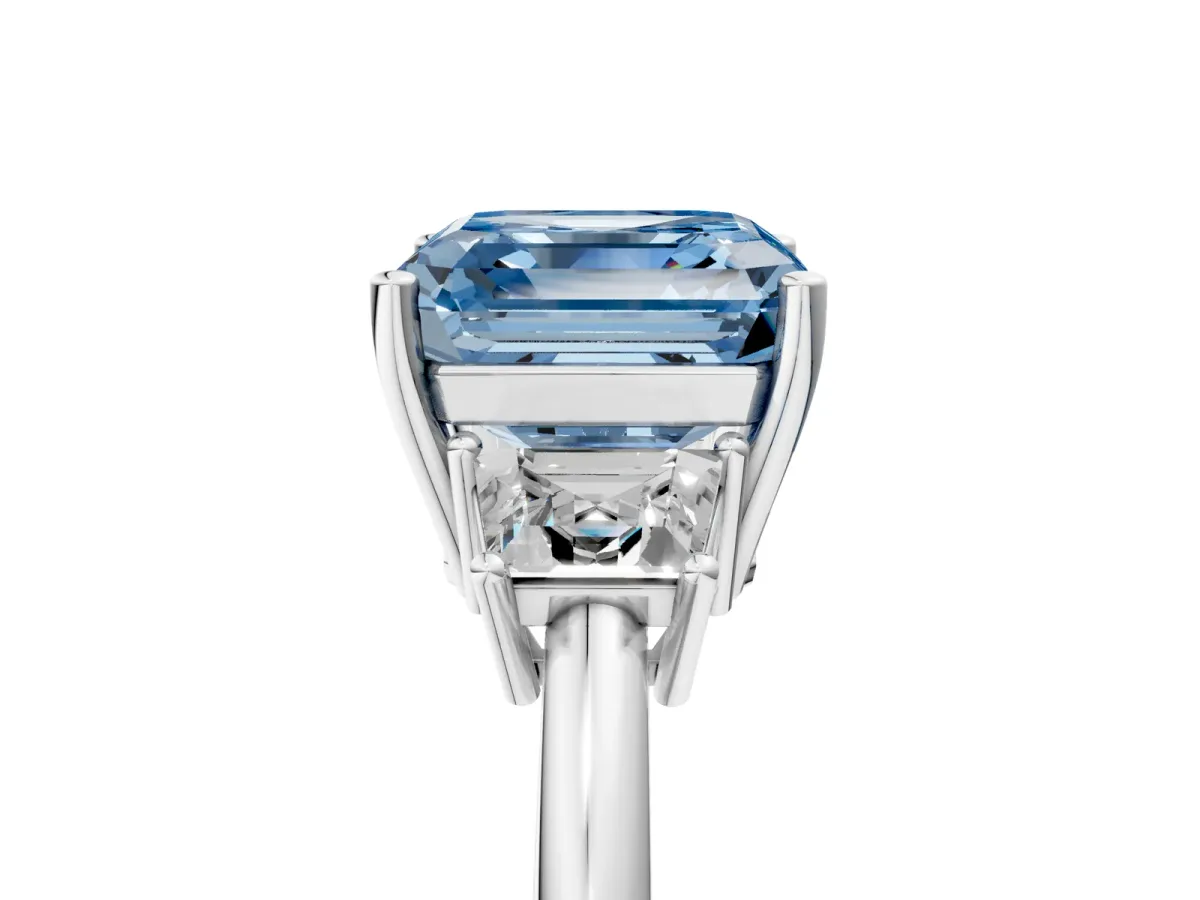 Fancy Blue Asscher Cut Diamond Three-Stone Ring with Trapezoid Side Stones and Prong Setting Platinum