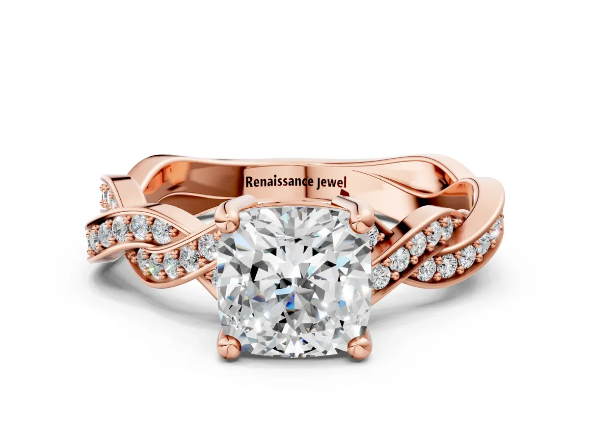 Cushion Cut Cut Twisted Pavé Band Solitaire Ring with Four-Prong Setting Rose gold