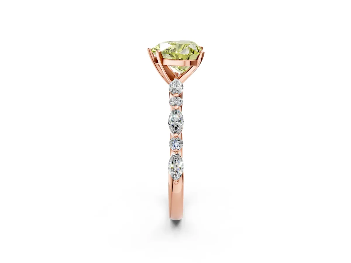 Fancy Yellow Heart Cut Diamond Ring with Marquise and Round Side Stones and Four-Prong Setting Rose gold