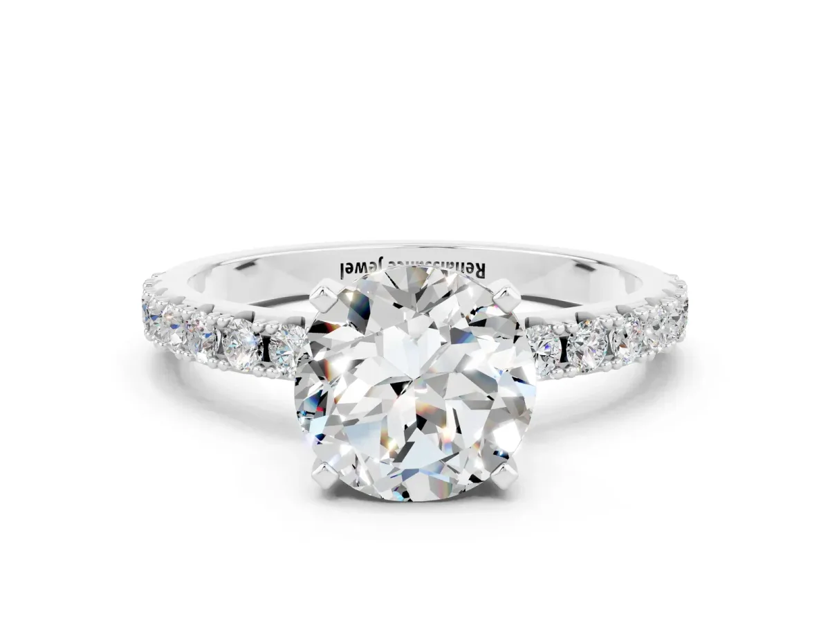 Round Cut Moissanite Solitaire Pavé Band with Four-Prong Setting Platinum