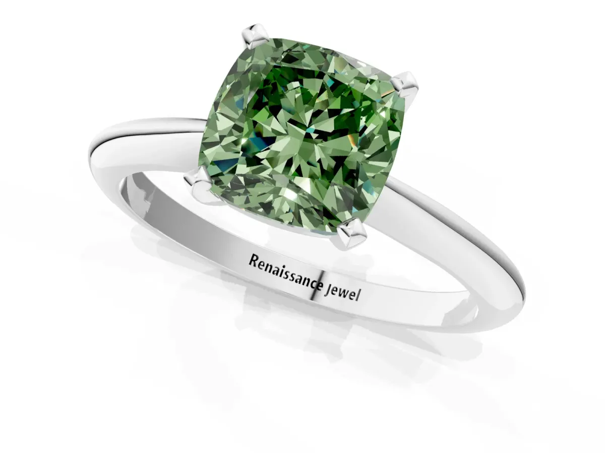 Fancy Green Cushion Cut Diamond Solitaire Engagement Ring with Classic Band and Four-Prong Setting White gold