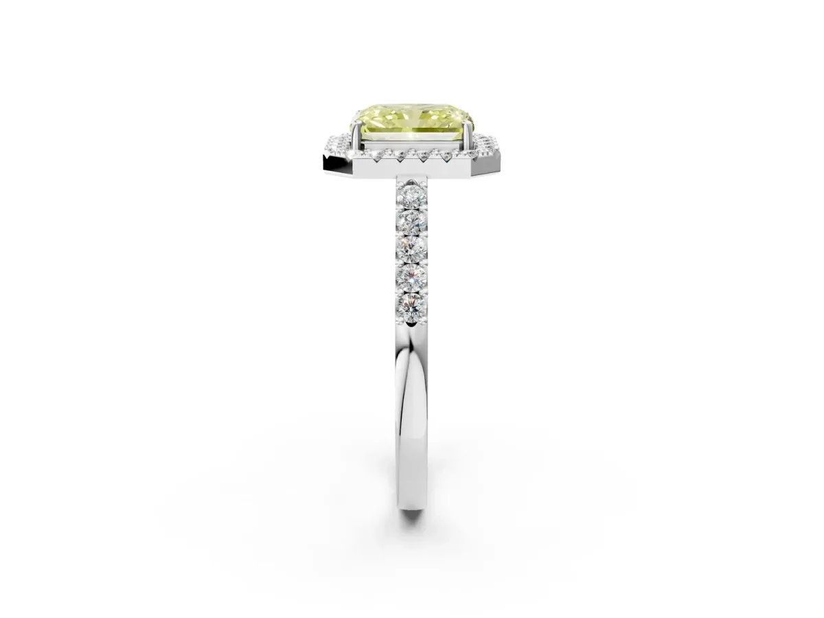 Fancy Yellow Radiant Cut Halo Diamond Pavé Solitaire Ring Platinum