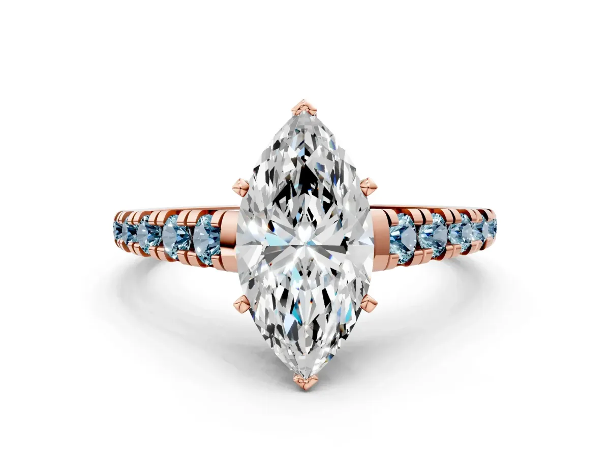 Marquise Cut Diamond Cathedral Solitaire Ring with Round Aquamarine Pavé Band Rose gold