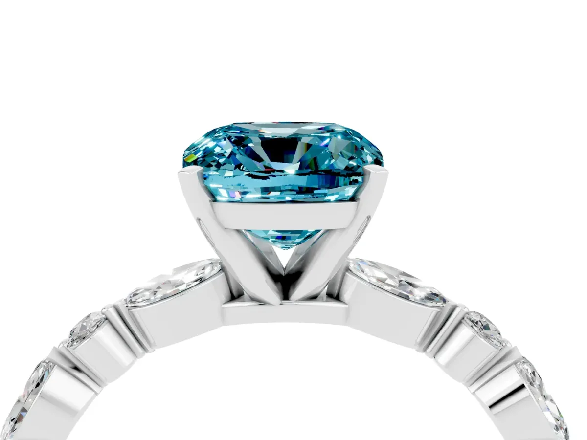 Cushion Cut Blue Topaz Ring with Marquise and Round Side Stones and Four-Prong Setting White gold