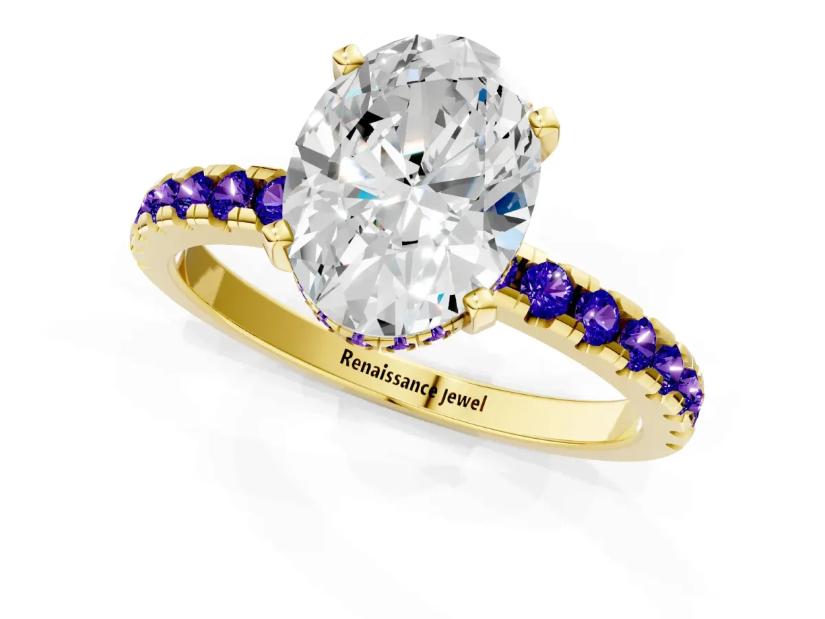 Oval Cut Diamond Solitaire Ring with Round Tanzanite Pavé Band and Four-Prong Setting Yellow gold