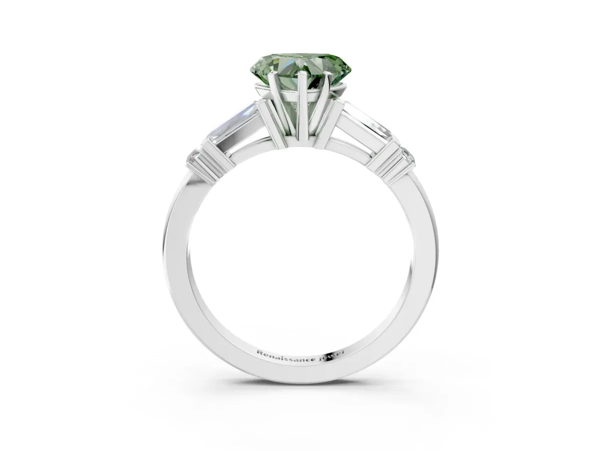 Fancy Green Heart Cut Cut Diamond Ring with Baguette Side Stones, Channel Set Band, and Four-Prong Setting Platinum