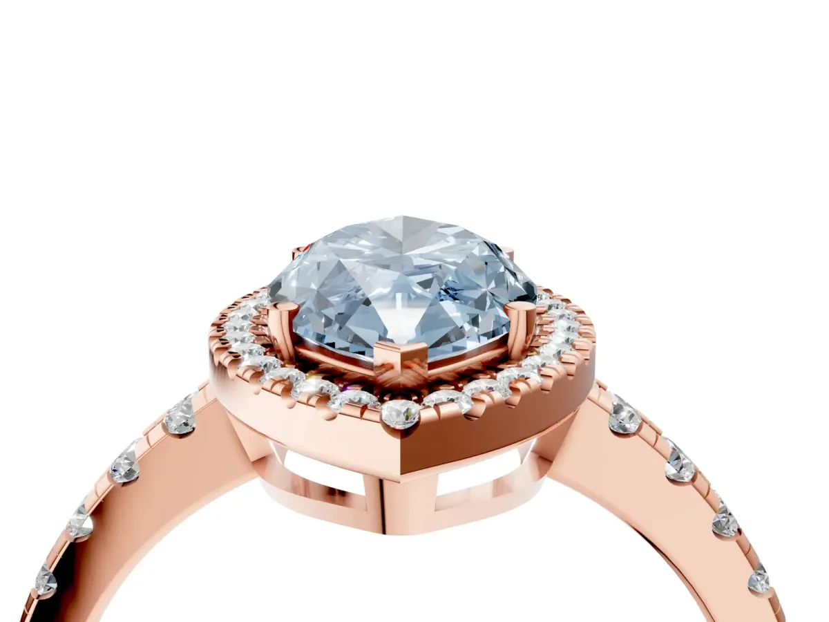 Fancy Blue Marquise Cut Diamond Halo Ring with Pavé Band and Four-Prong Setting Rose gold