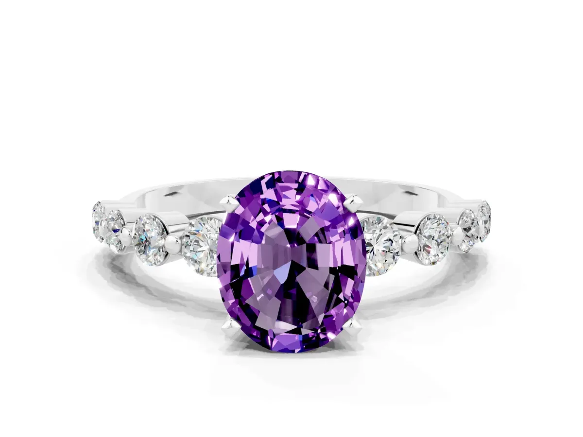 Oval Cut Solitaire Amethyst Ring with Pave Band and Four-Prong Setting Platinum