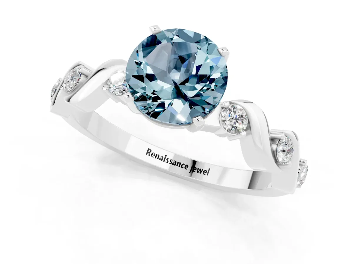 Round Cut Aquamarine Solitaire Twisted Band with Round Accents and Prong Setting White gold