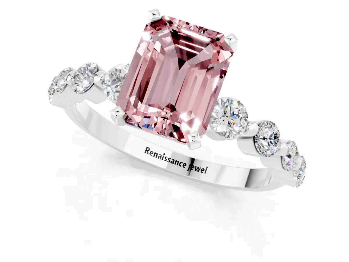 Emerald Cut Solitaire Morganite Ring with Pave Band and Four-Prong Setting Platinum