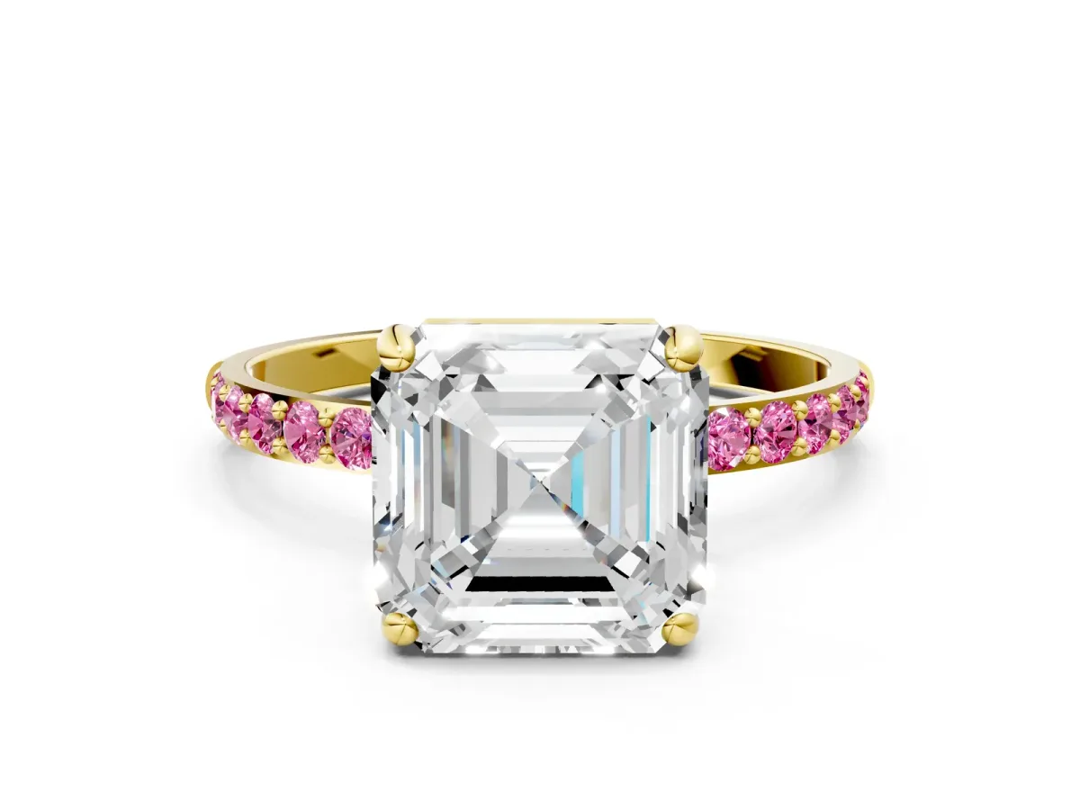 Asscher Cut Diamond Solitaire Ring with Round Pink Sapphire Pavé Band and Prong Setting Yellow gold