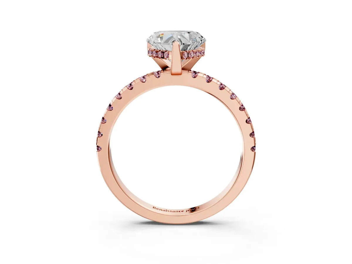 Heart Cut Diamond Solitaire Ring with Round Morganite Pavé Band and Four-Prong Setting Rose gold