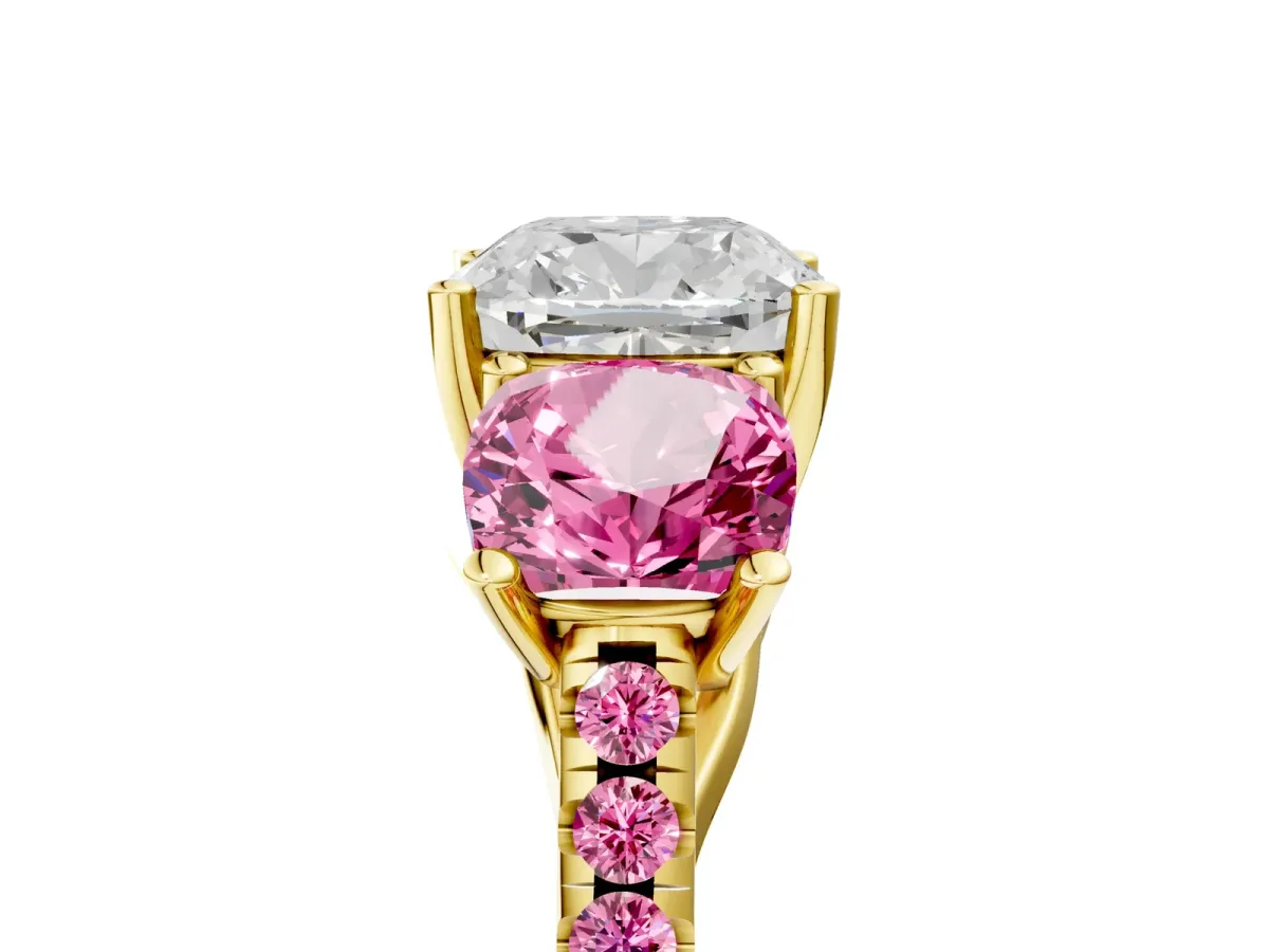 Three-Stone Cushion Cut Diamond Ring with Round Pink Sapphire Pavé Band and Prong Setting Yellow gold