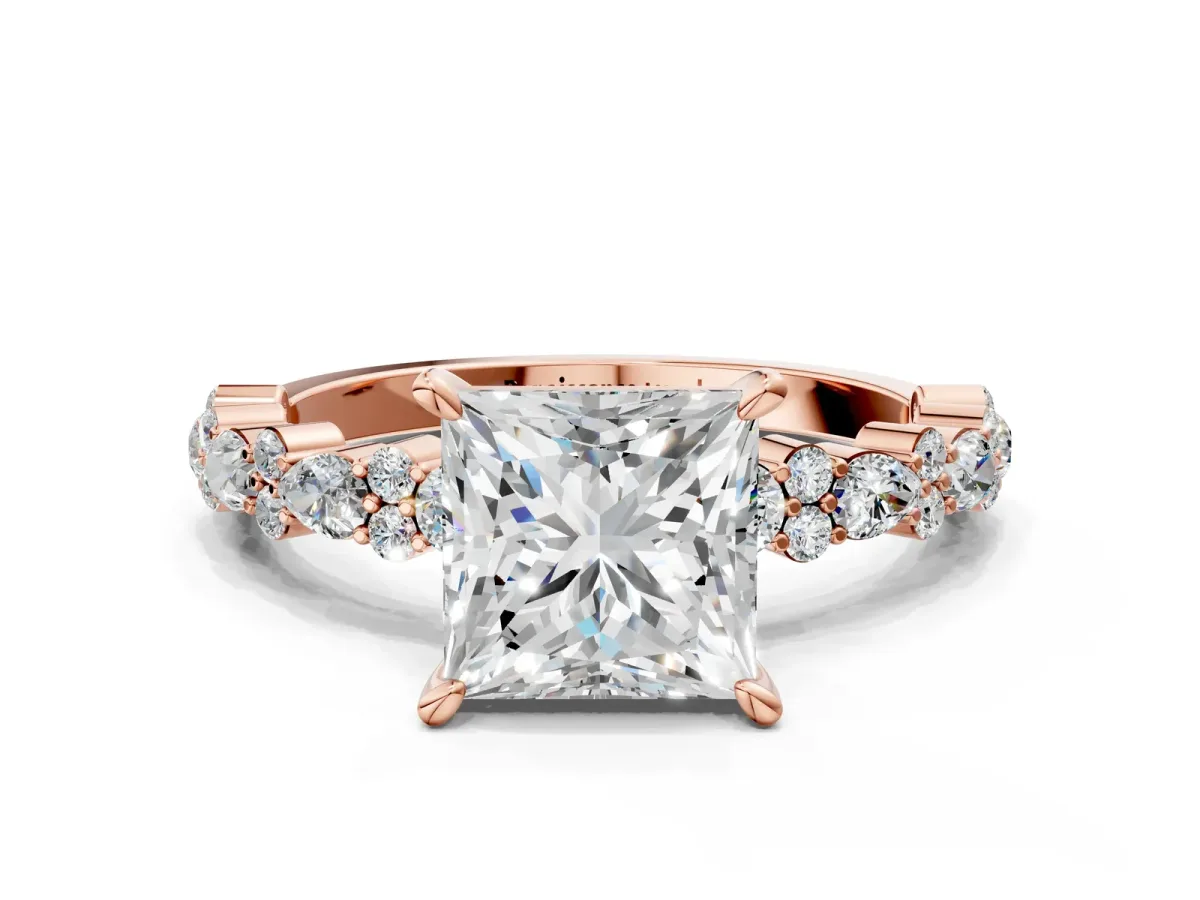 Princess Cut Diamond Side Stone Solitaire Ring with Round and Four-Prong Setting Rose gold