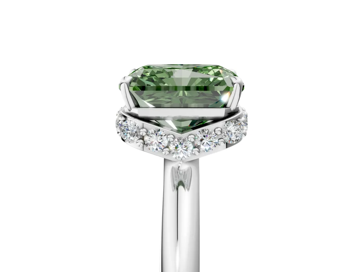 Fancy Green Radiant Cut Brilliant Solitaire Engagement Ring with Six-Prong Setting and Classic Band Platinum