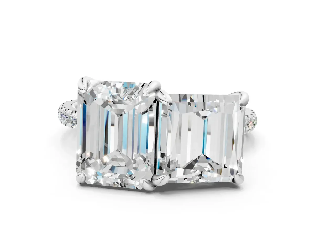 Emerald and Princess Toi Moi Ring with Prong Setting and Micro Pave Band Silver