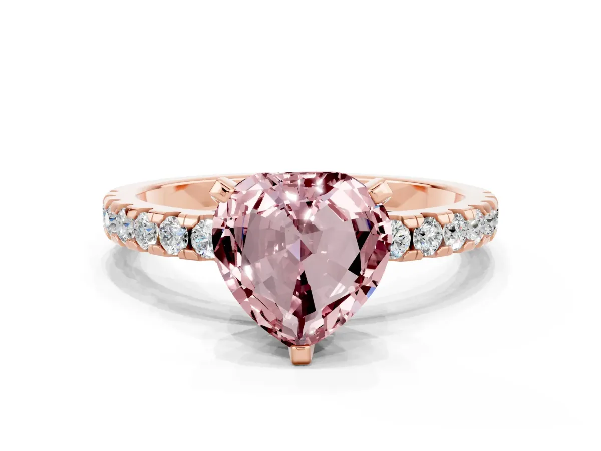 Heart Cut Morganite Solitaire Ring with Round Pavé Band and Four-Prong Setting Rose gold