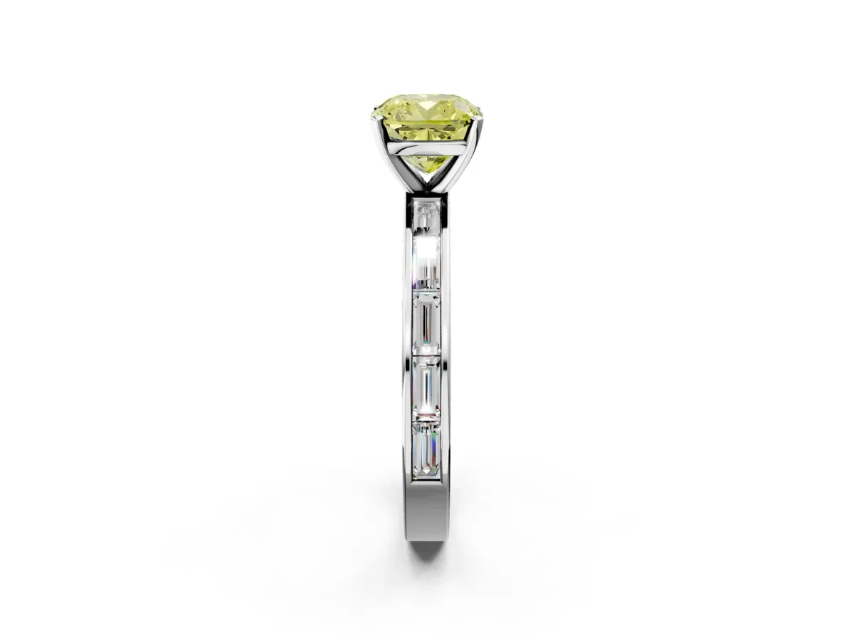 Fancy Yellow Cushion Cut Solitaire Diamond Ring with Channel-Set Baguette Band and Four-Prong Setting White gold