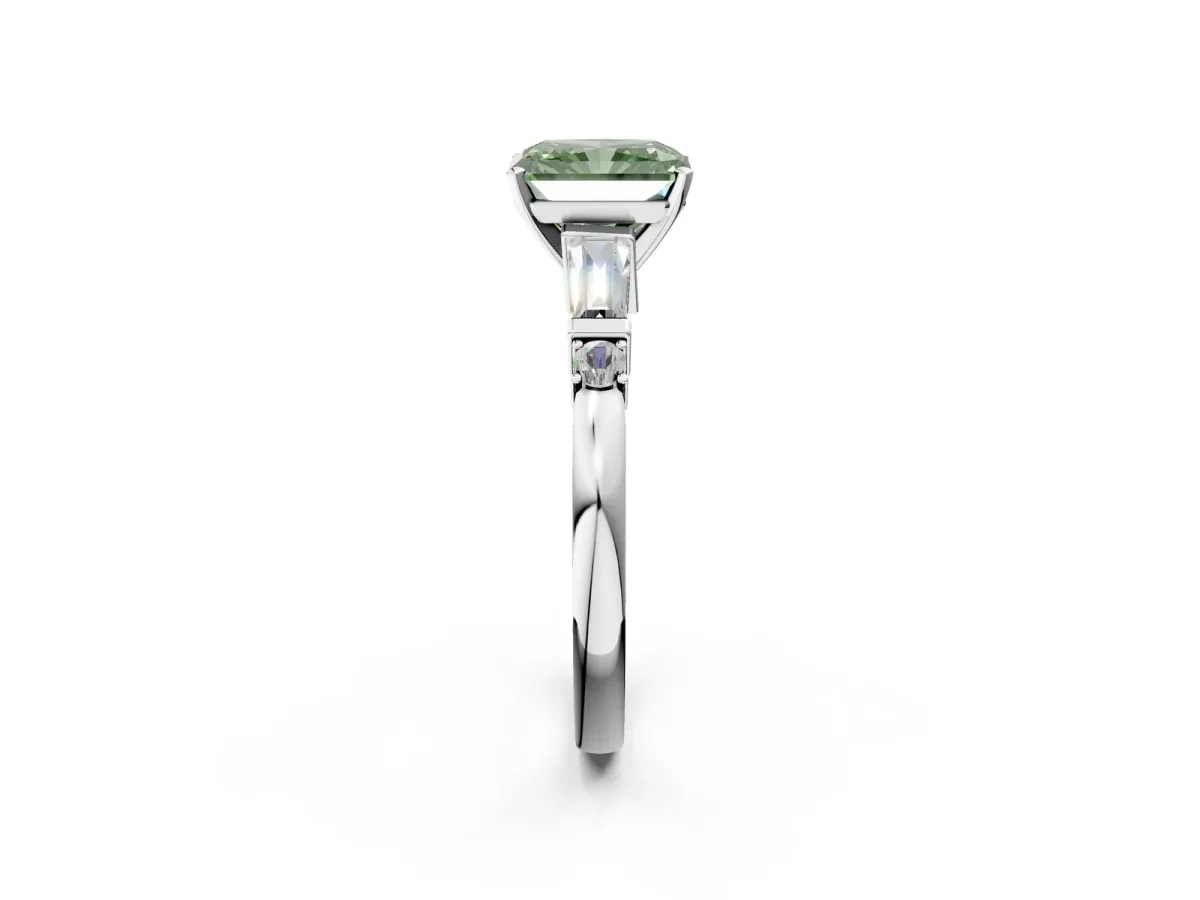 Fancy Green Radiant Cut Cut Diamond Ring with Baguette Side Stones, Channel Set Band, and Four-Prong Setting Platinum