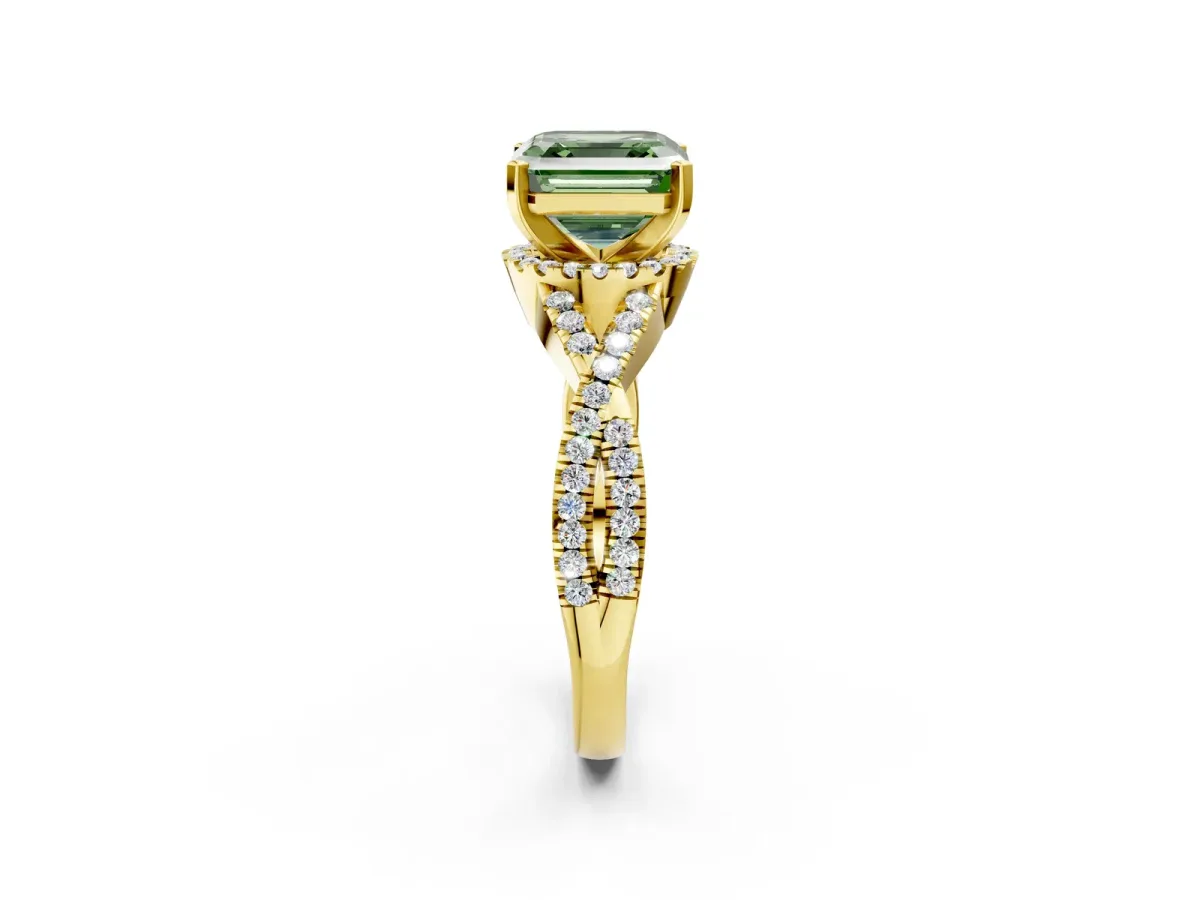 Fancy Green Asscher Cut Diamond Halo Twist Band Solitaire Prong Setting Ring Yellow gold