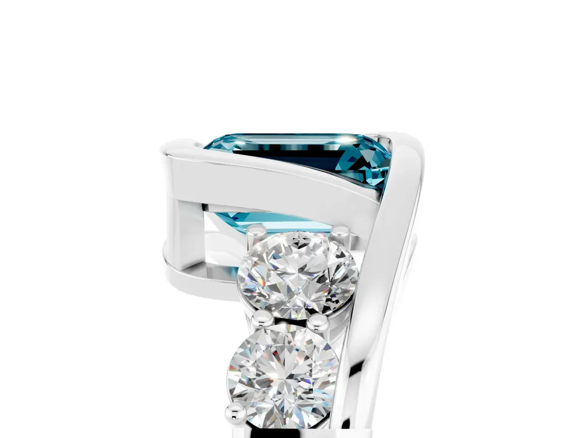 Bezel Set Emerald Cut Blue Topaz Bypass Ring with Round Accents Silver