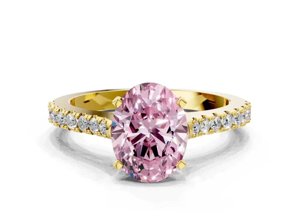 Fancy Pink Oval Cut Cut Solitaire Diamond Engagement Ring with Pave Band and Four-Prong Setting Yellow gold