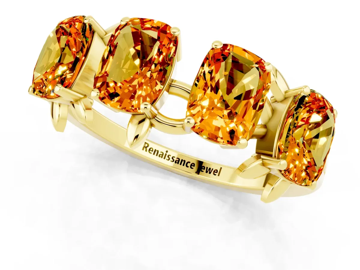 Four-Stone Elongated Cushion Citrine Band with Nature-Inspired Prong Setting Yellow gold
