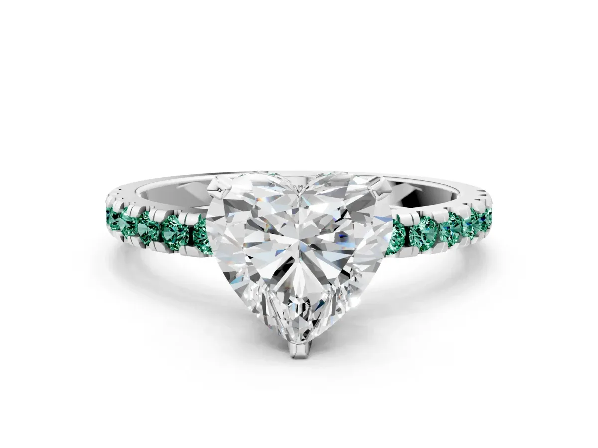 Heart Cut Diamond Solitaire Ring with Round Green Sapphire Pavé Band and Four-Prong Setting White gold