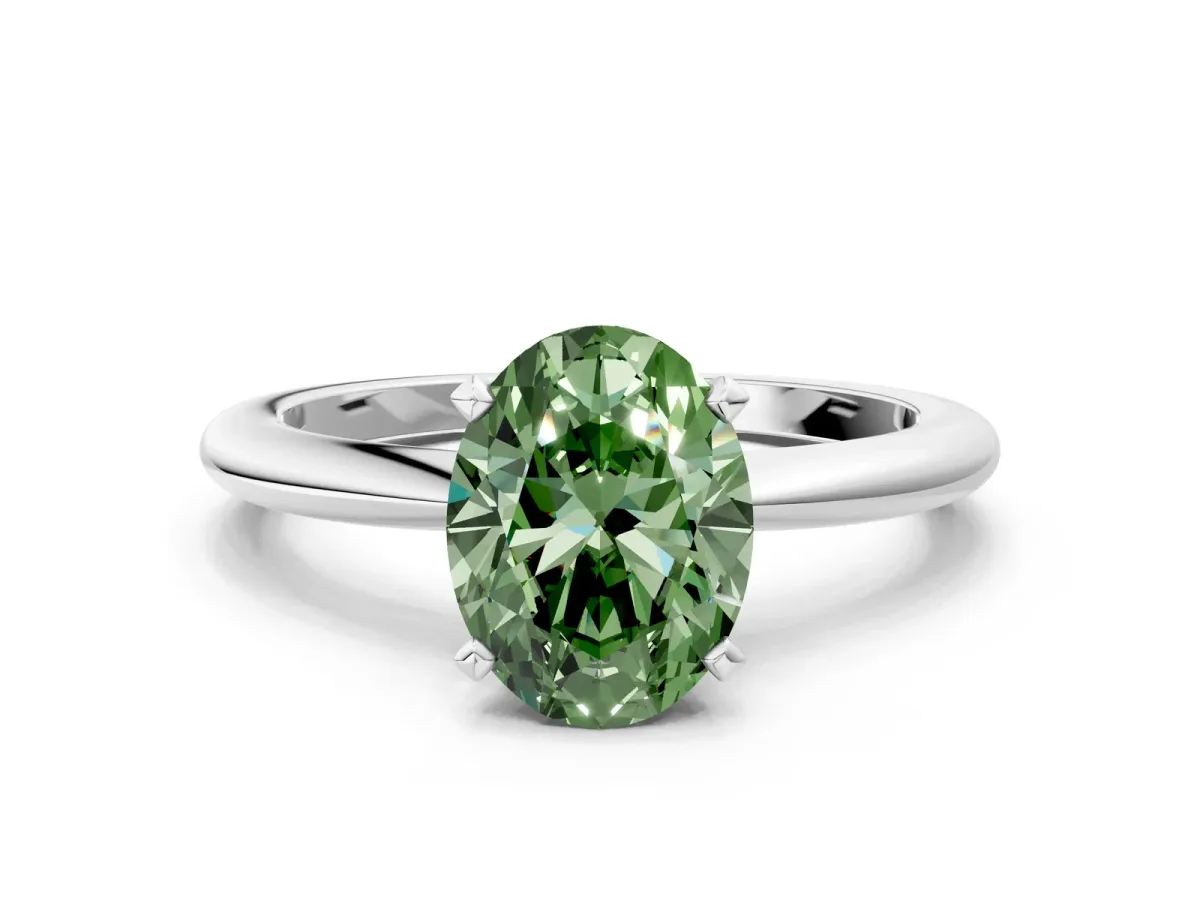 Fancy Green Oval Cut Diamond Solitaire Ring with Six-Prong Setting and Classic Band Platinum