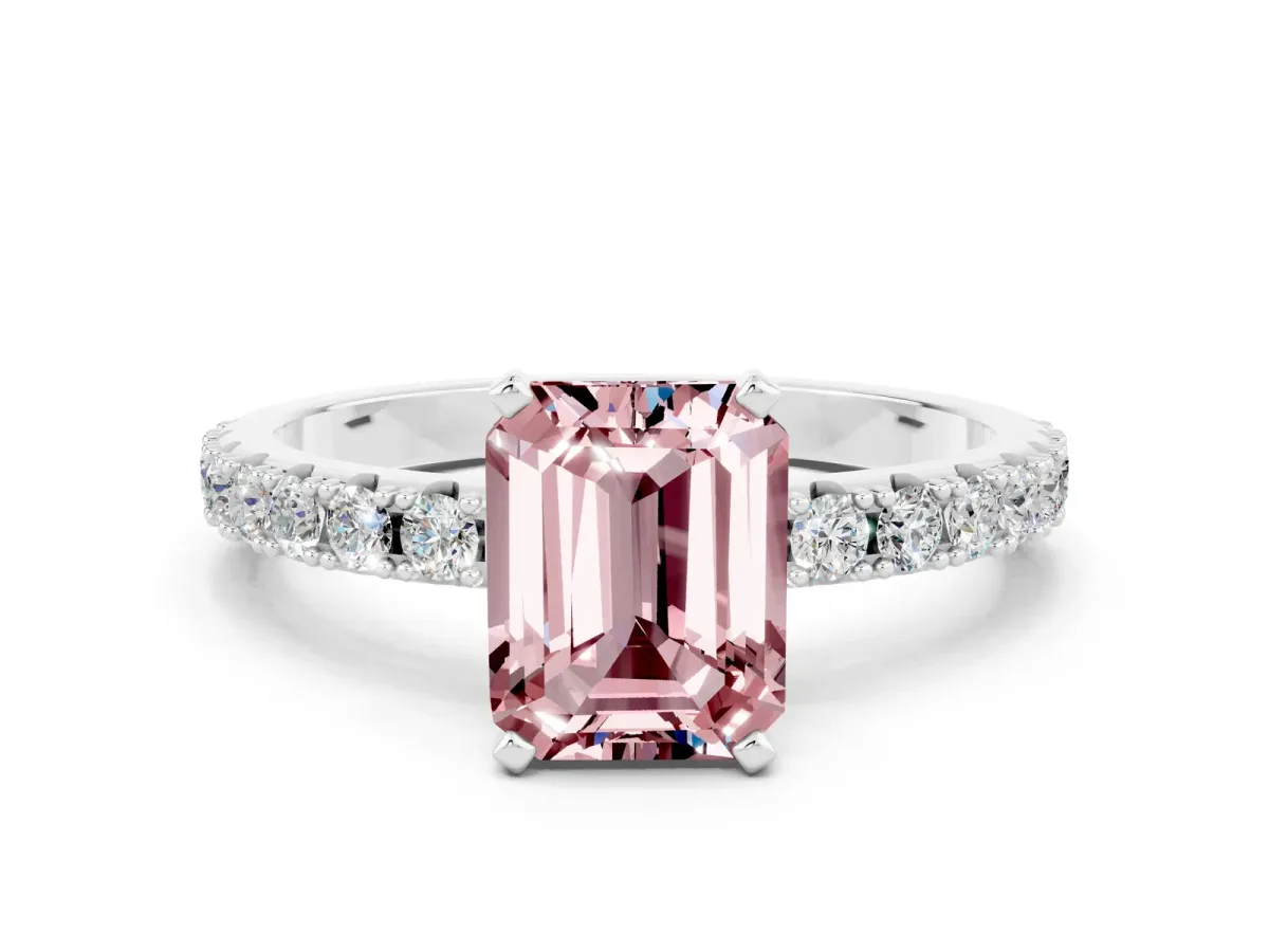 Emerald Cut Morganite Solitaire Pavé Band with Four-Prong Setting Silver